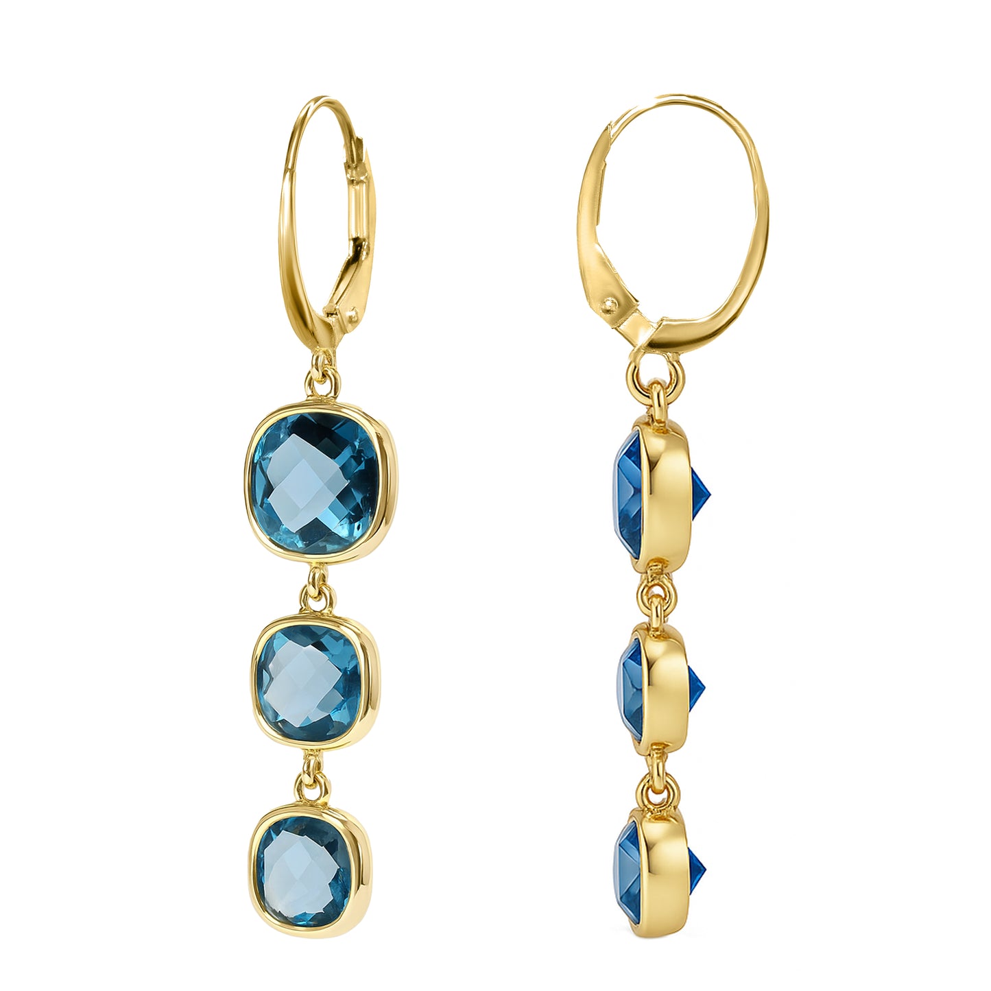 14k Yellow Gold Blue Topaz Triple Cushion Bezel Drop Leverback Earring