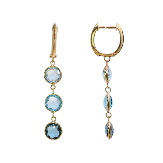14k Multi Shade Blue Topaz Triple Round Hoop Earring