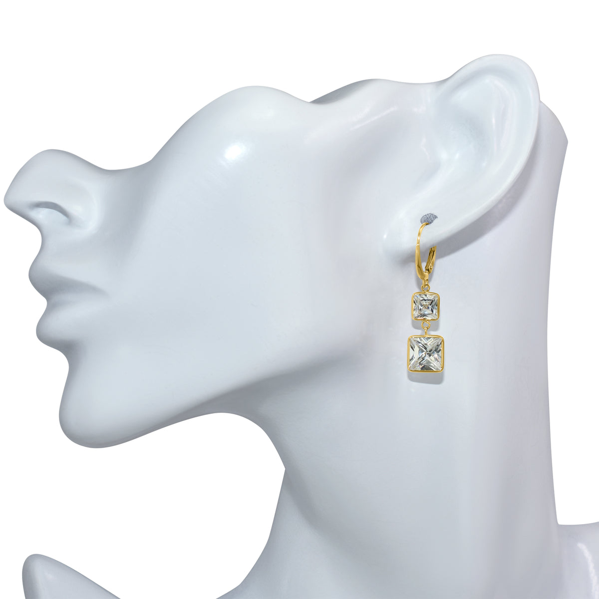 14k White Topaz Square Bezel Round Leverback Earring