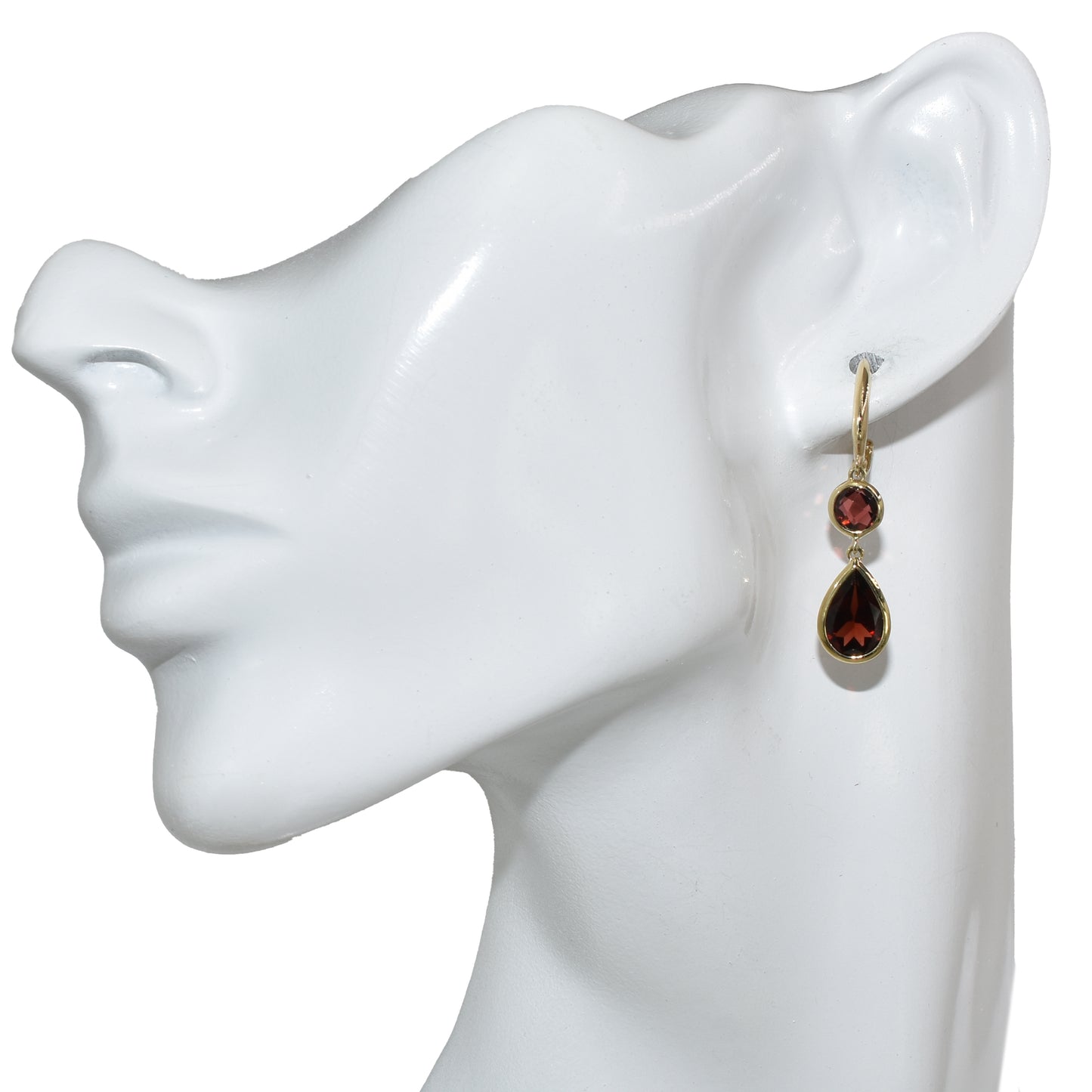 14k Garnet Round/Pear Bezel Hoop Earring