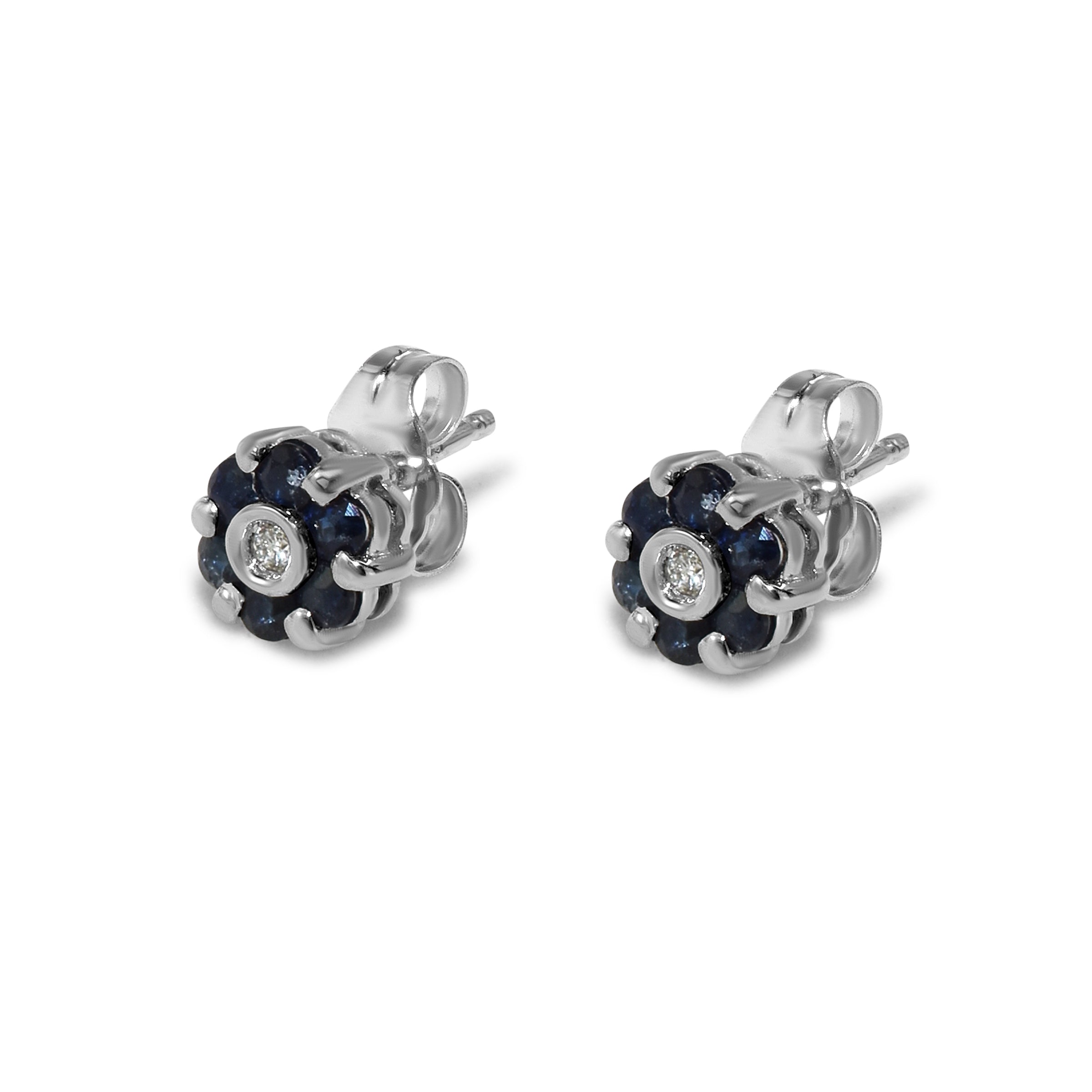 14k White Gold Sapphire Diamond Small Flower Post Earring