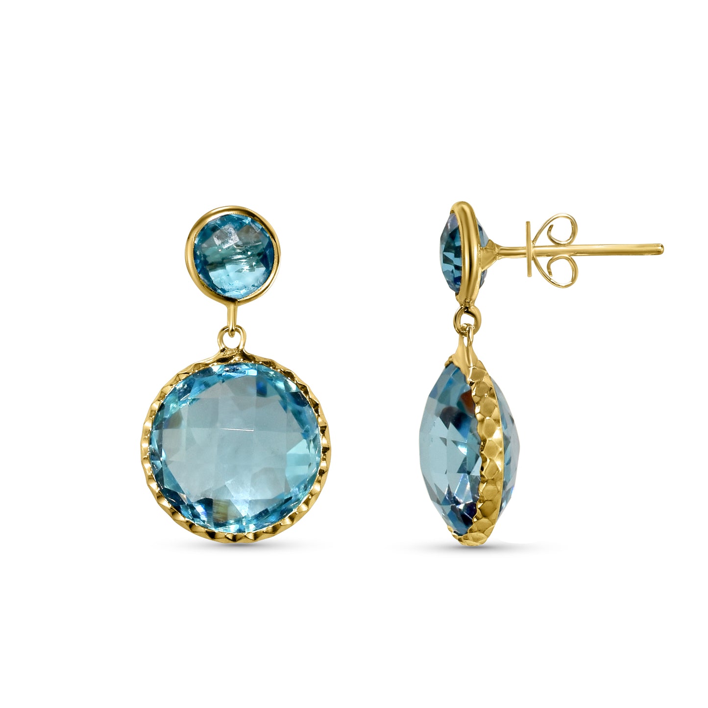 14k Blue Topaz Fancy Round Bezel Drop Post Earring