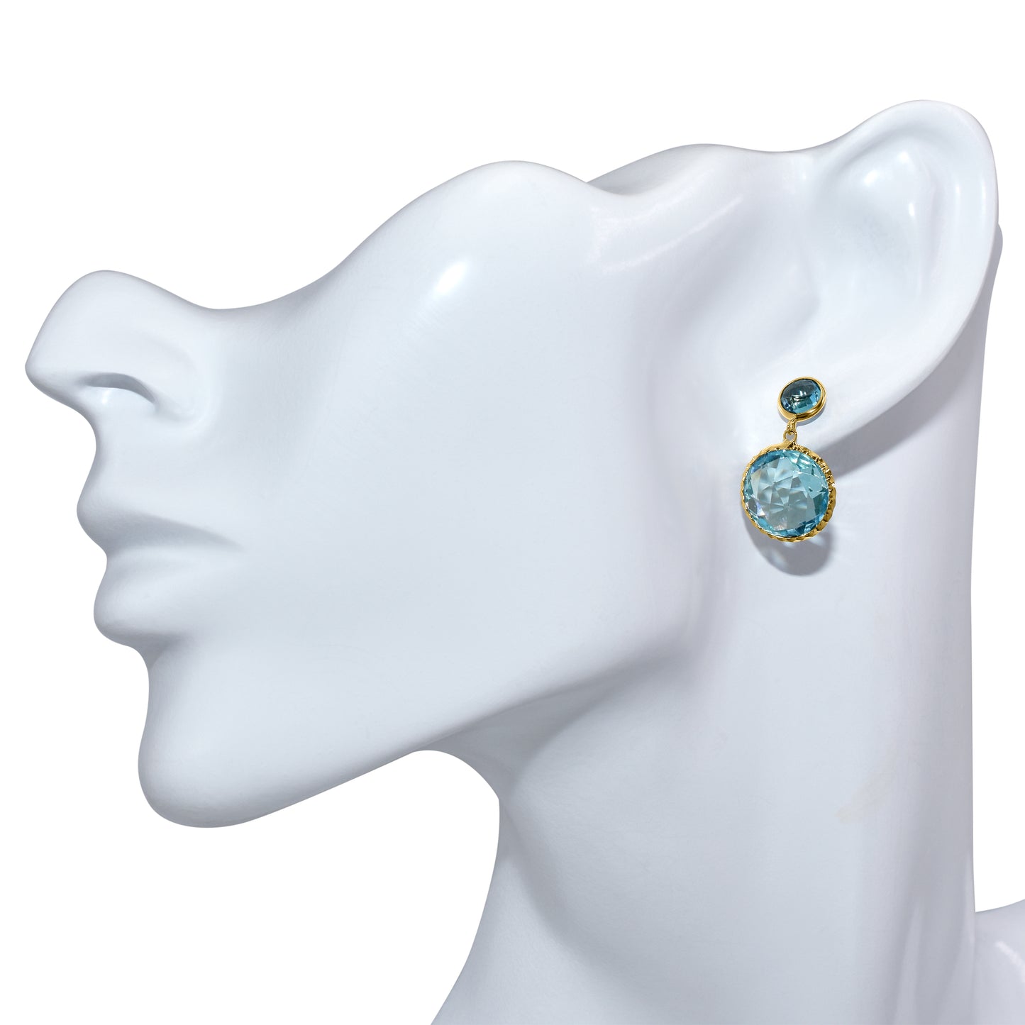 14k Blue Topaz Fancy Round Bezel Drop Post Earring