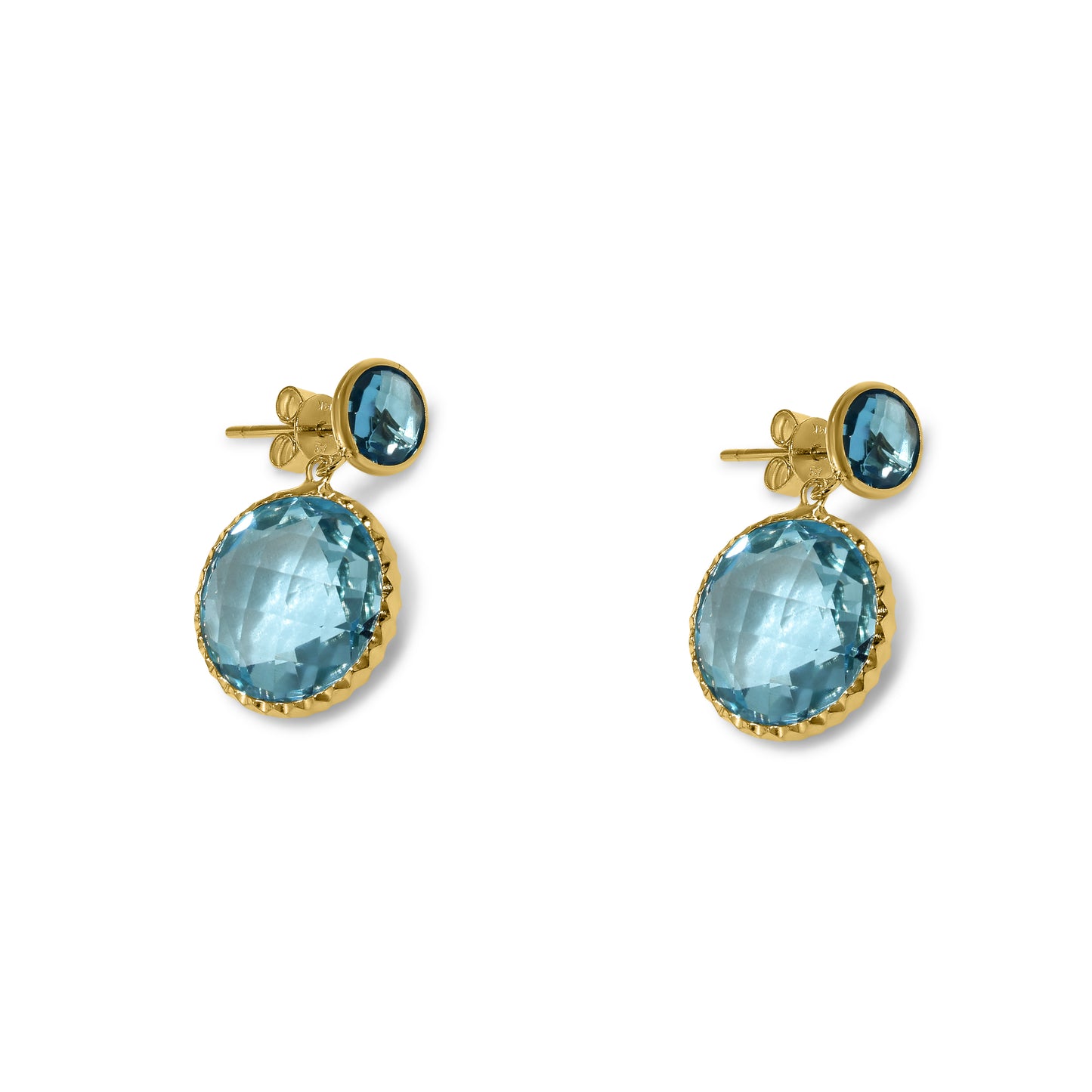 14k Blue Topaz Fancy Round Bezel Drop Post Earring