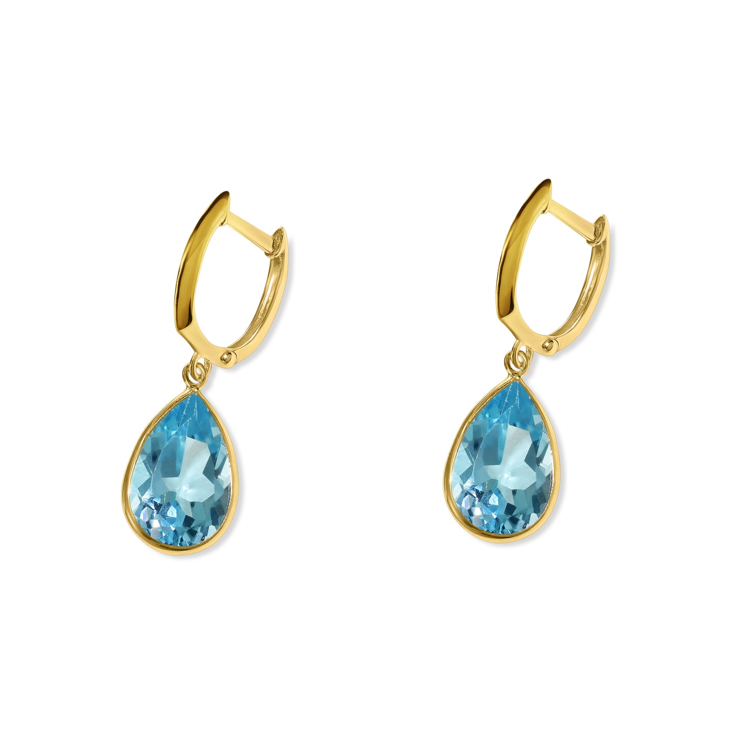 14k Blue Topaz Pear Bezel Drop Hoop Earring