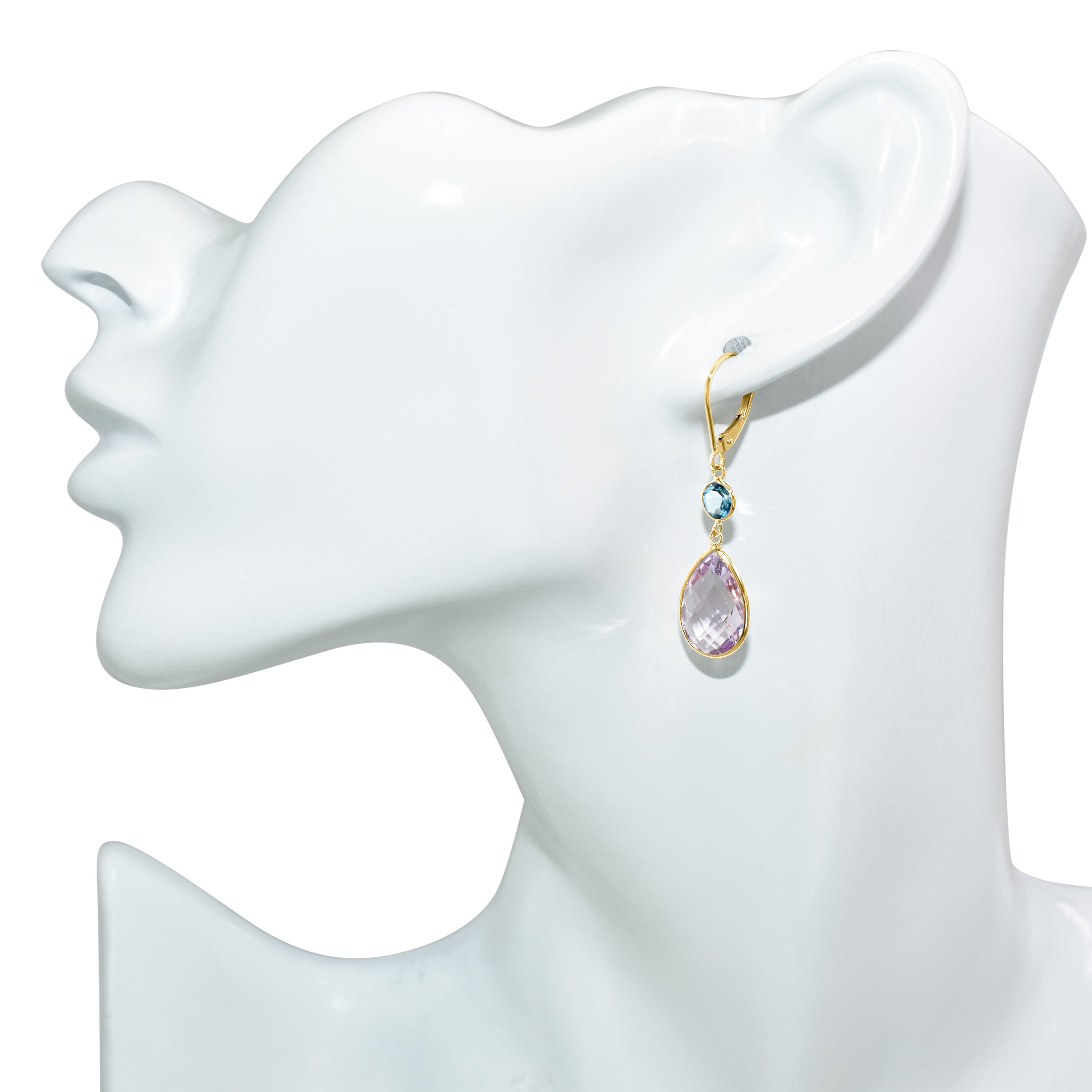 14k Pink Amethyst Swiss Blue Topaz Leverback Earring
