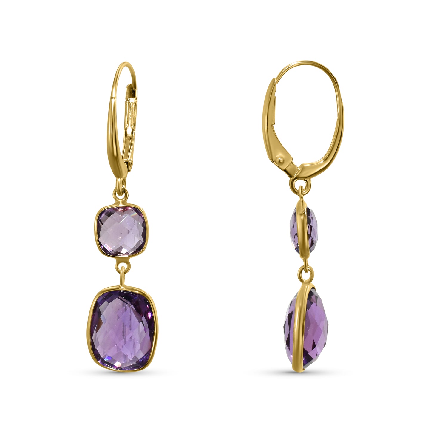 14k Amethyst Cushion Bezel Round Leverback Earrings