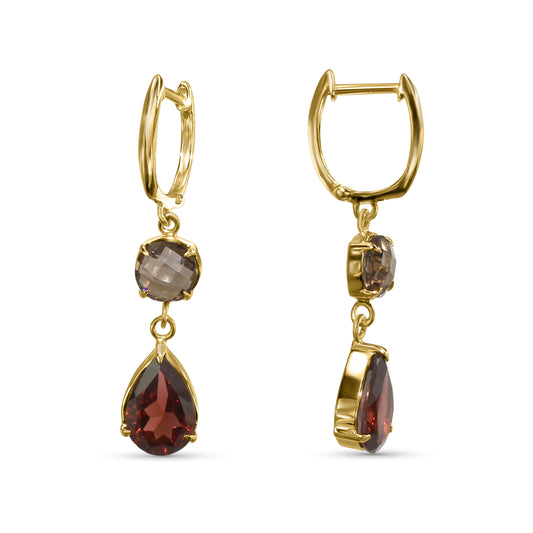 14k Smoky Quartz Garnet Hoop Earring
