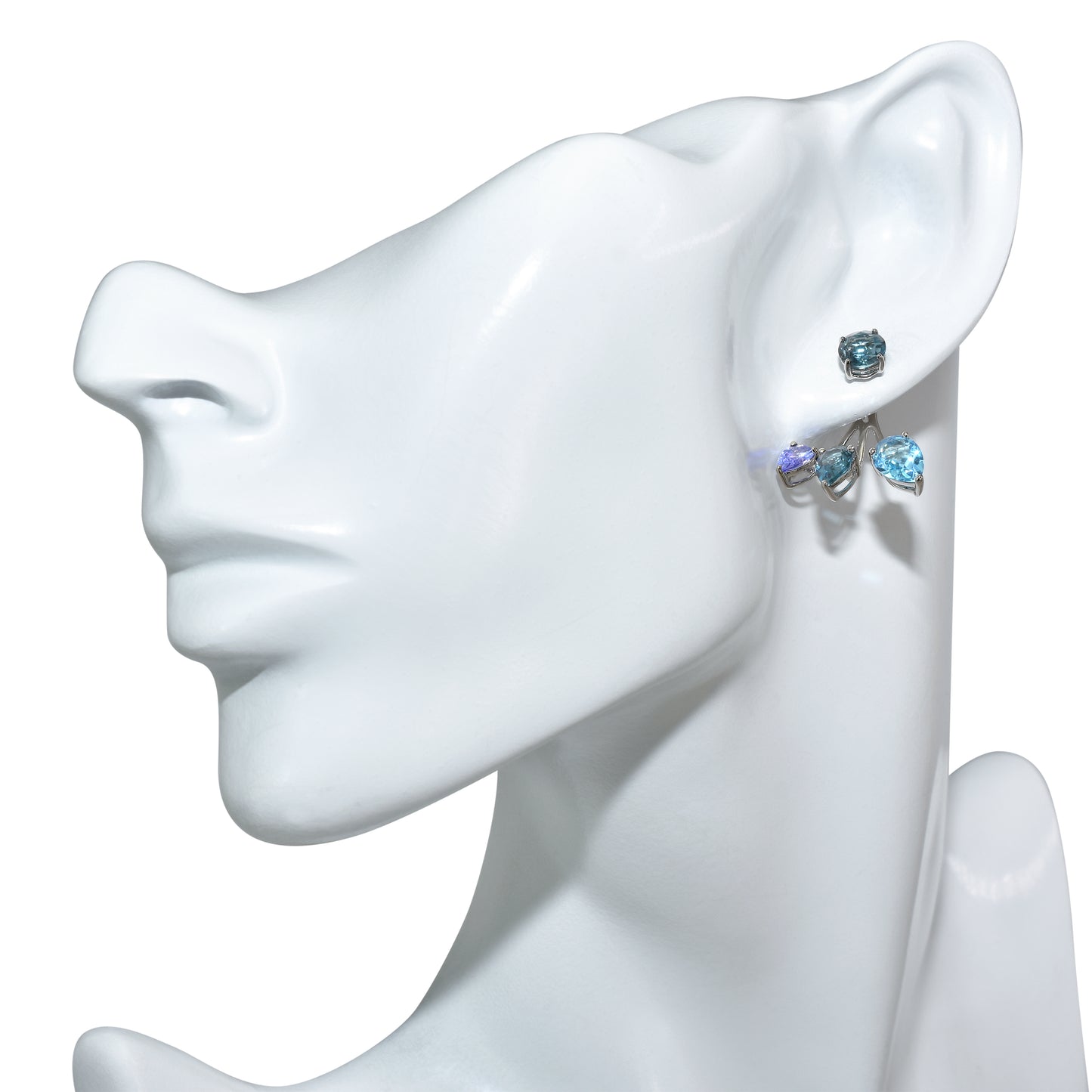 14k White Gold Blue Topaz Tanzanite Front Back Earring
