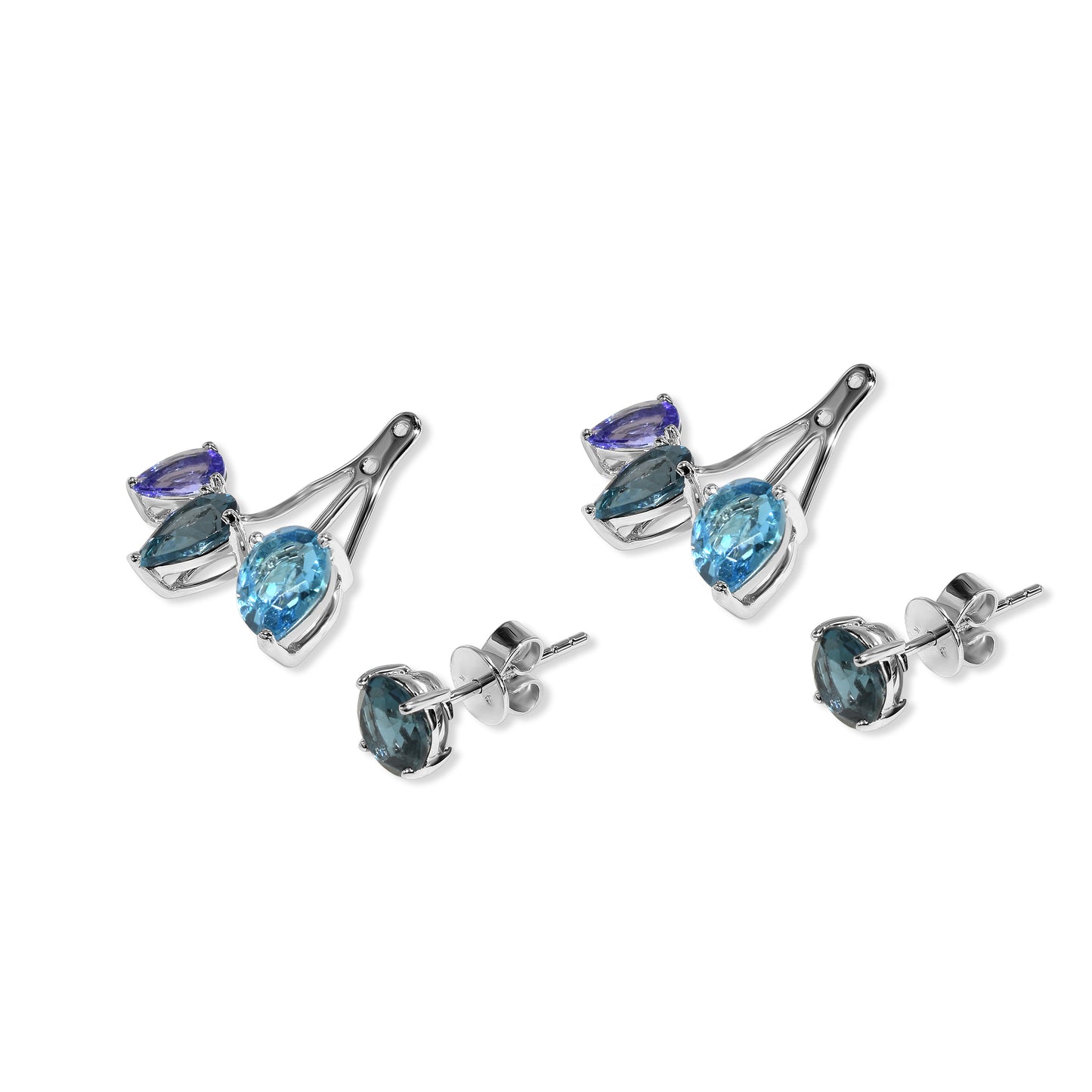 14k White Gold Blue Topaz Tanzanite Front Back Earring