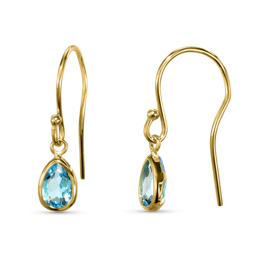 14k Swiss Blue Topaz Pear Bezel Set Hook Earring