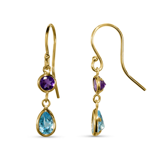 14k Amethyst Swiss Blue Topaz Set Dangle Hook Earring