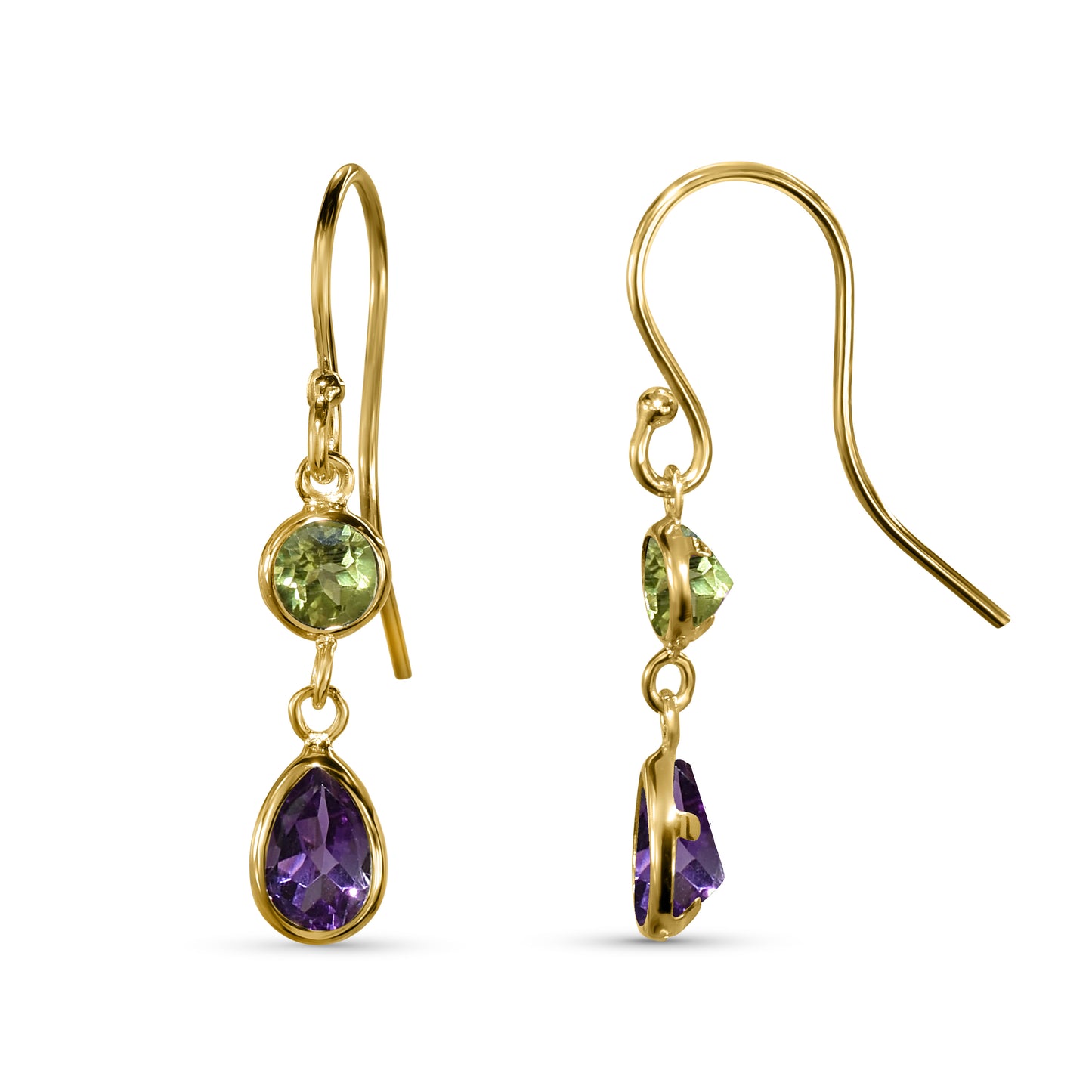 14k Yellow Peridot Amethyst Bezel Set Hook Earring