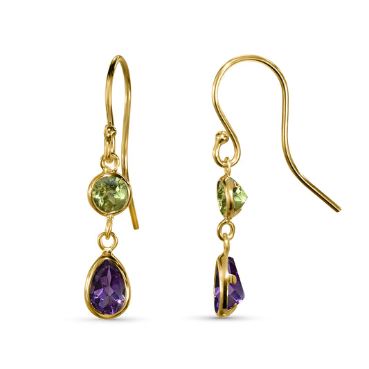 14k Yellow Peridot Amethyst Bezel Set Hook Earring