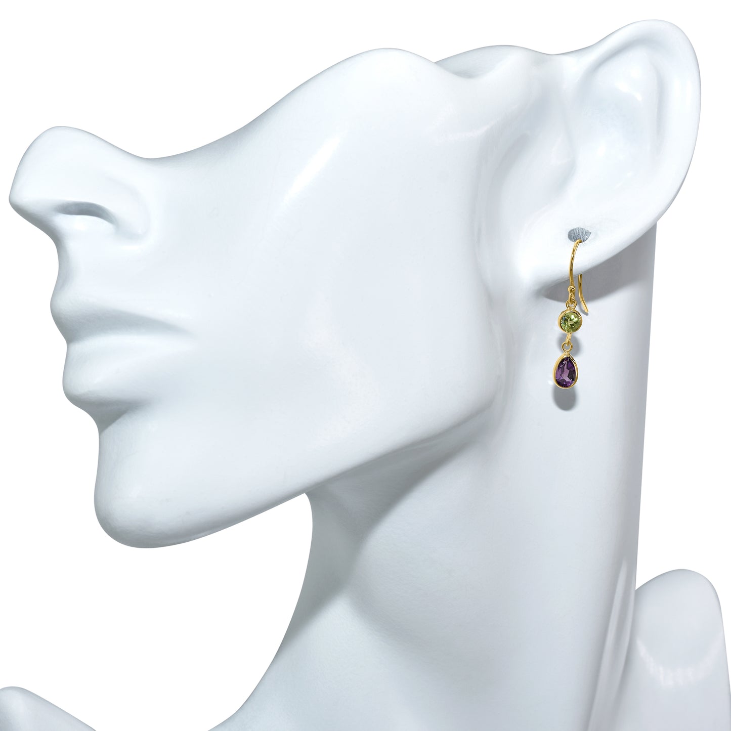 14k Yellow Peridot Amethyst Bezel Set Hook Earring