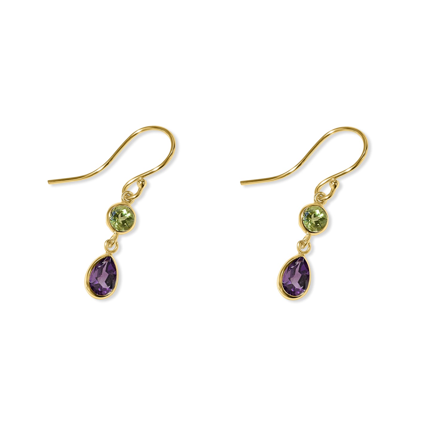 14k Yellow Peridot Amethyst Bezel Set Hook Earring