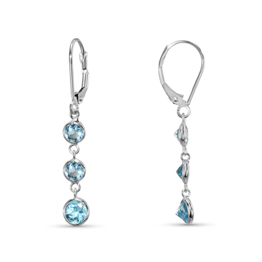 14k White Gold Blue Topaz Three Round Bezel Dangle Leverback Earring