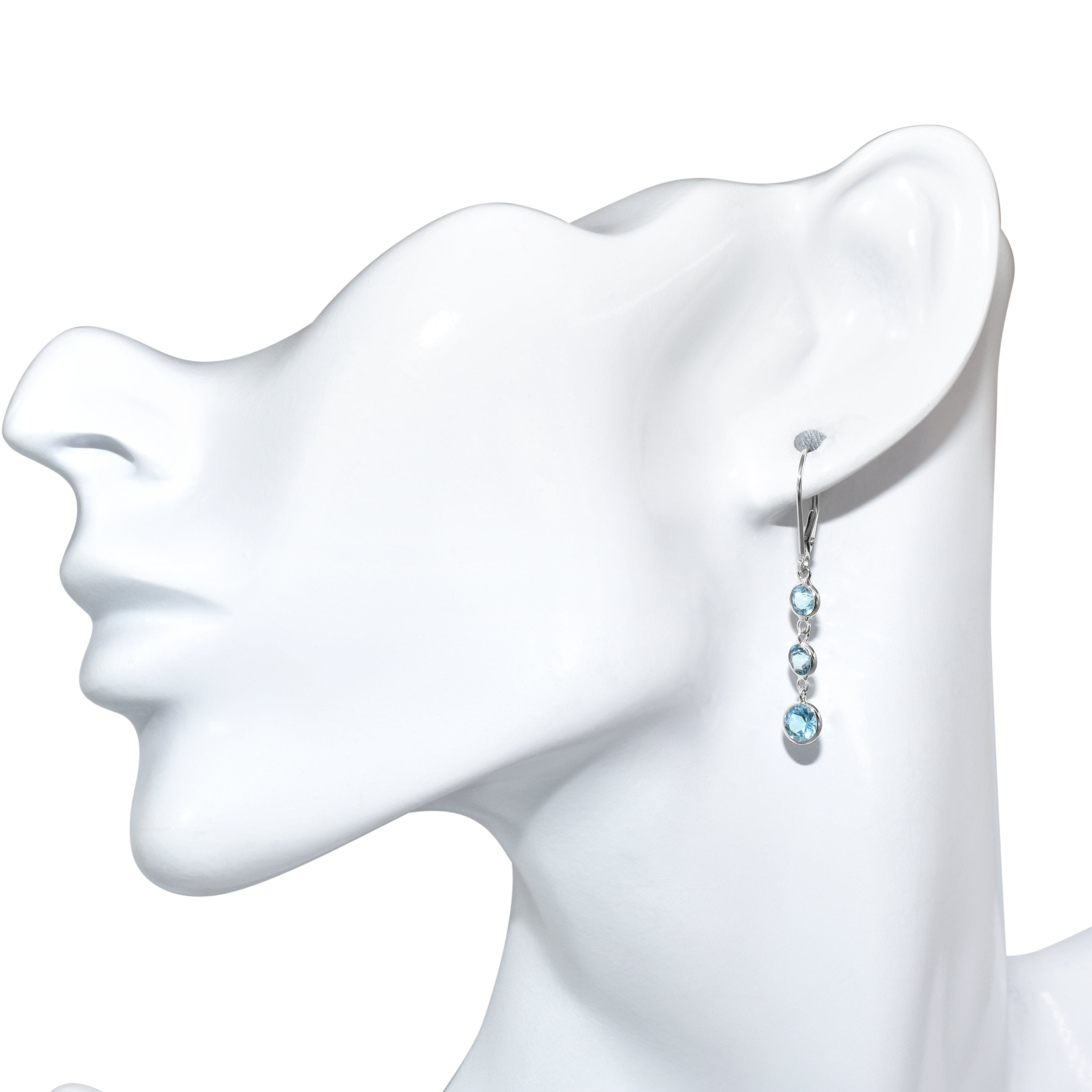 14k White Gold Blue Topaz Three Round Bezel Dangle Leverback Earring