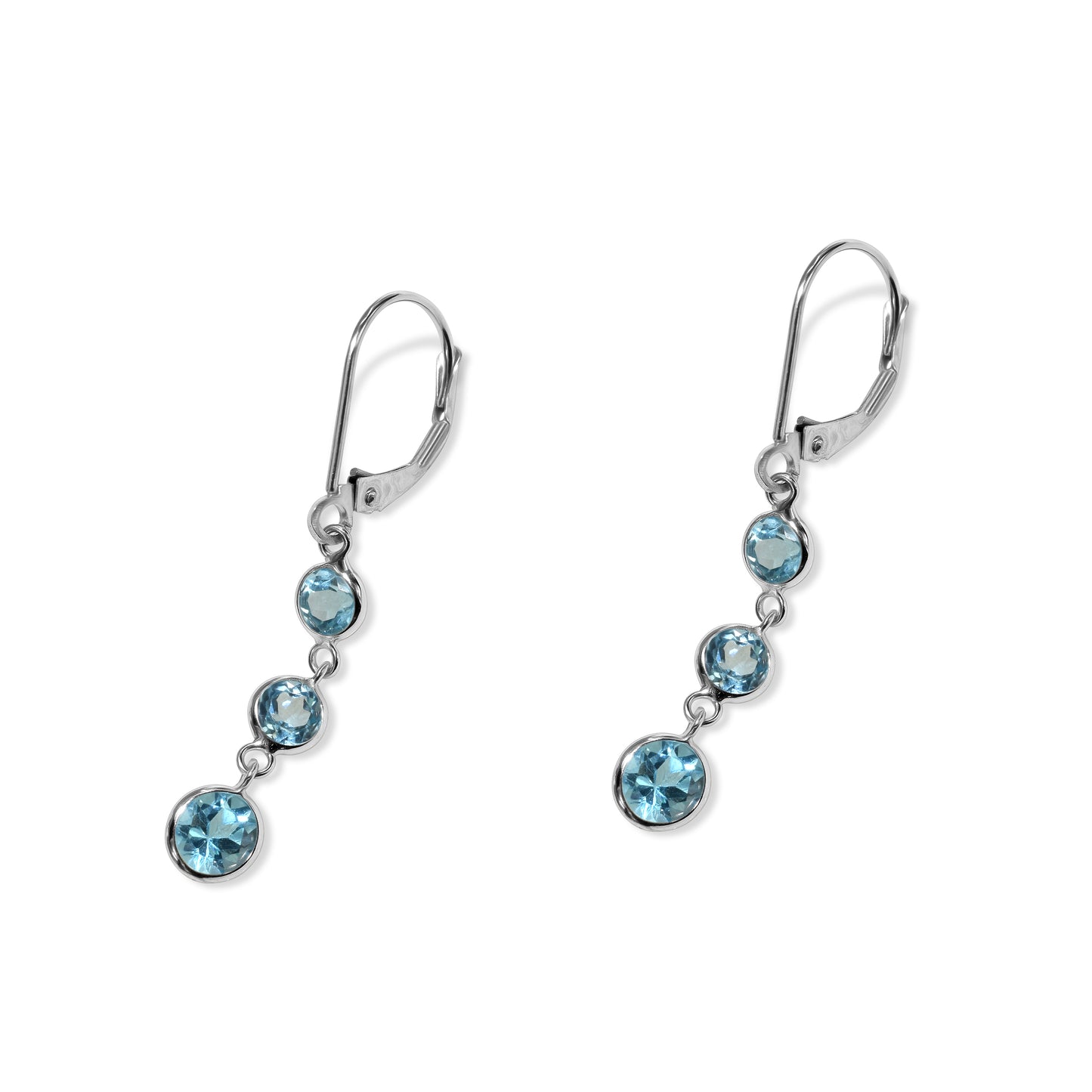 14k White Gold Blue Topaz Three Round Bezel Dangle Leverback Earring