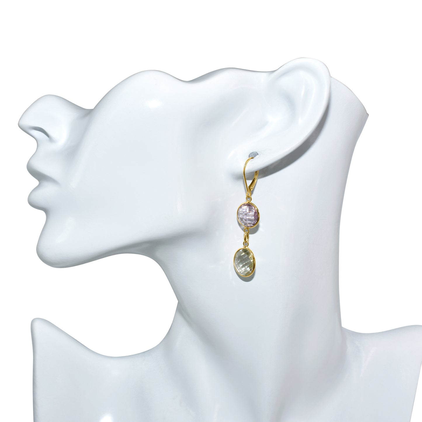 14k Yellow Pink & Green Amethyst Leverback Earring