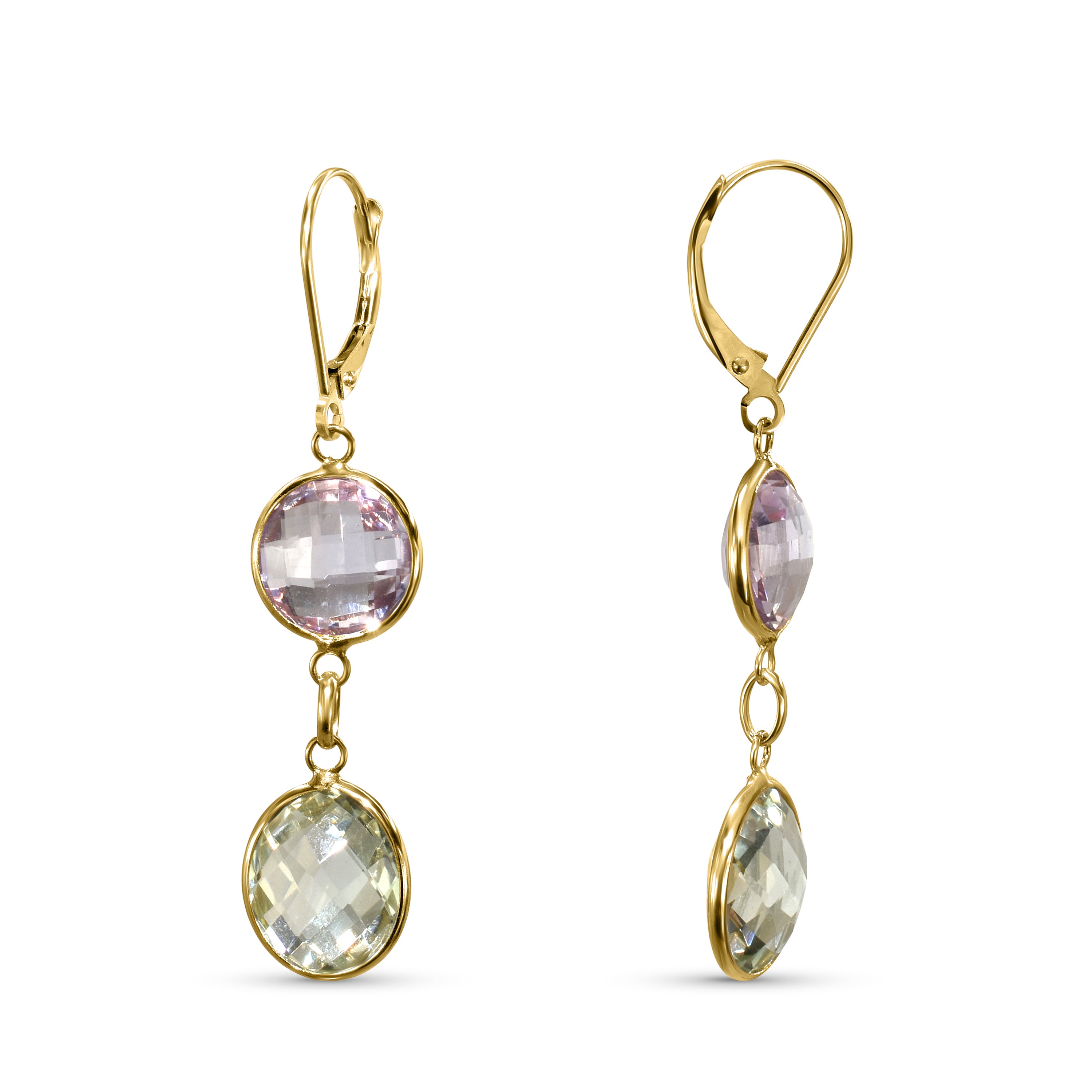 14k Yellow Pink & Green Amethyst Leverback Earring