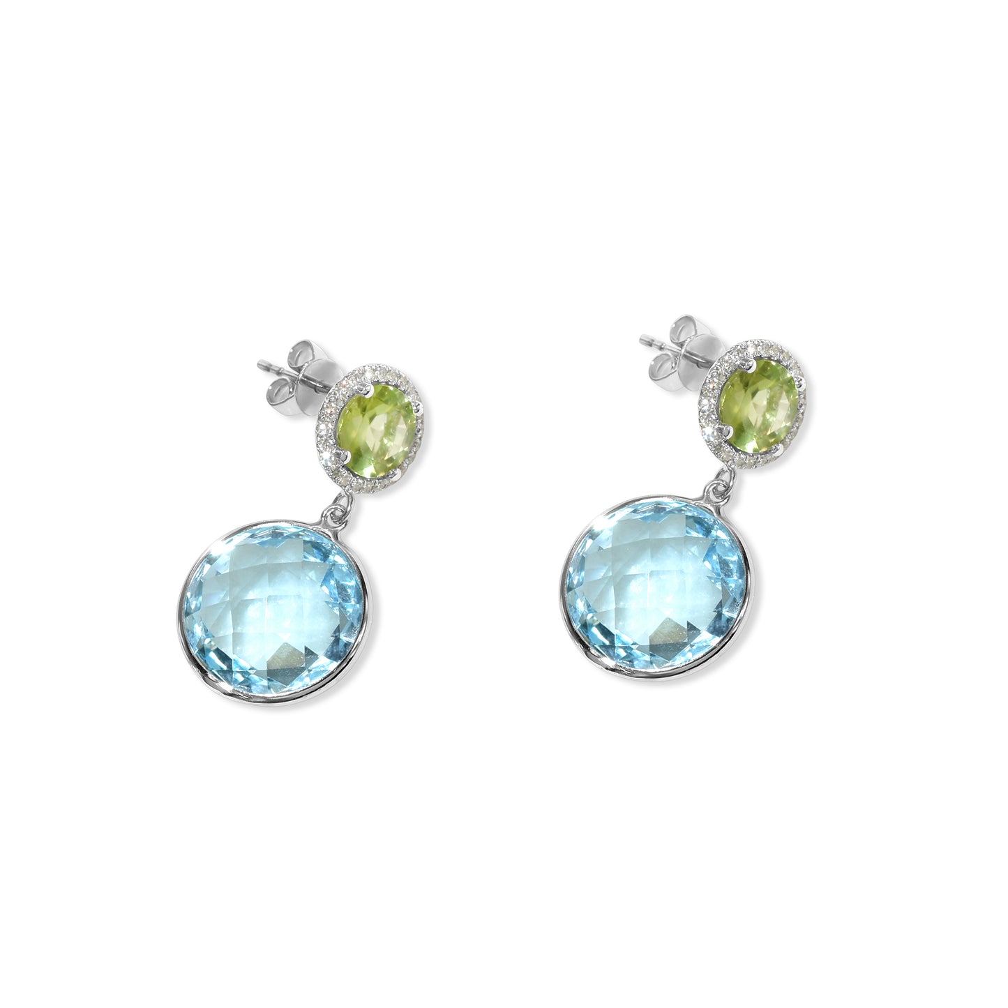 14k White Gold Peridot Blue Topaz Round Diamond Post Earring