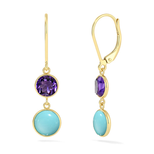 14k Amethyst Turquoise Bezel Leverback Earring