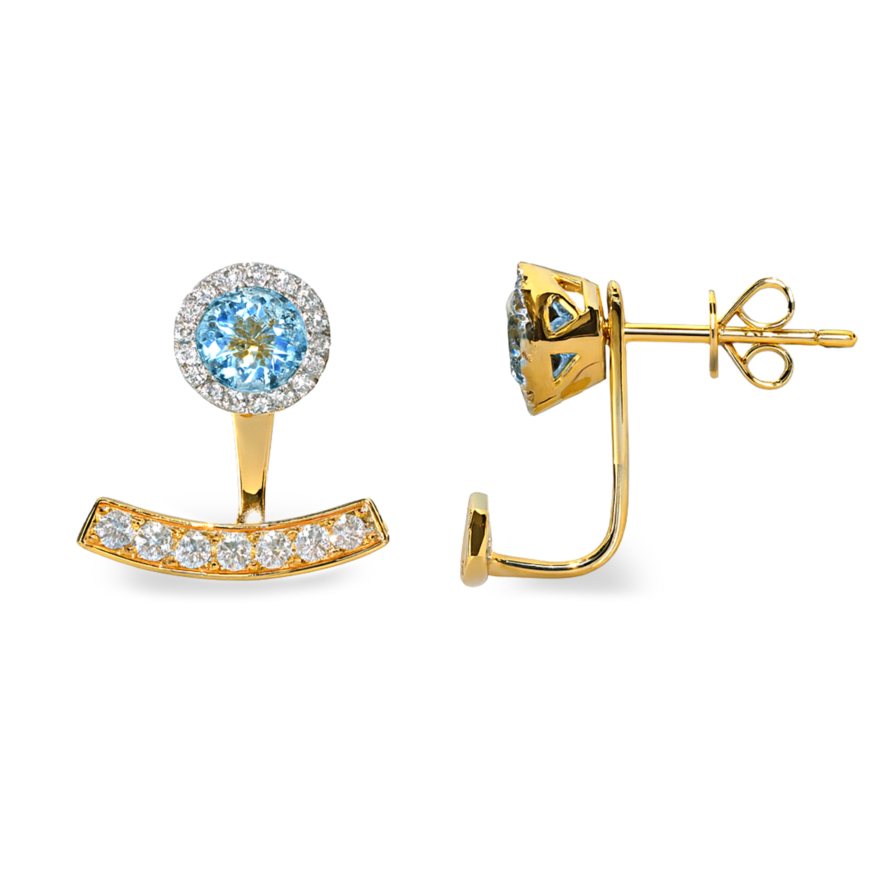 14k Swiss Blue Topaz Diamond Curved Bar Jacket Earring