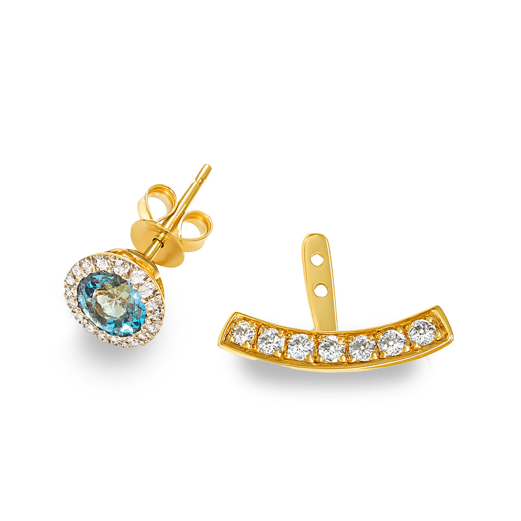 14k Swiss Blue Topaz Diamond Curved Bar Jacket Earring