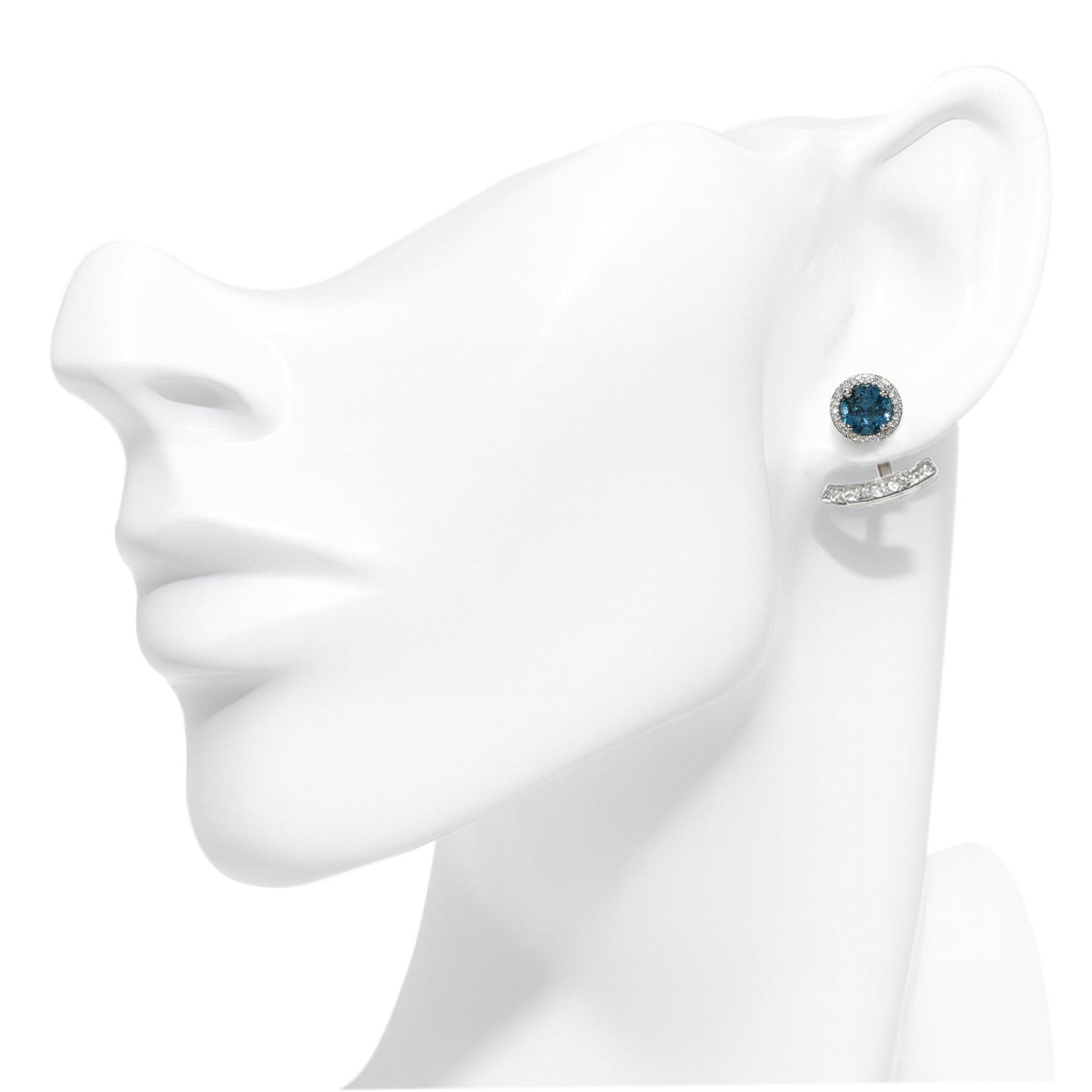 14k White Gold London Blue Topaz Diamond Curved Bar Jacket Front Back Earring