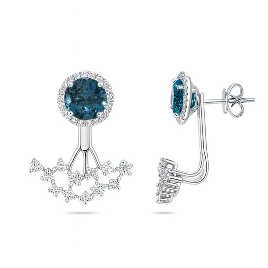14k White Gold London Blue Topaz Diamond Jacket Front Back Earring