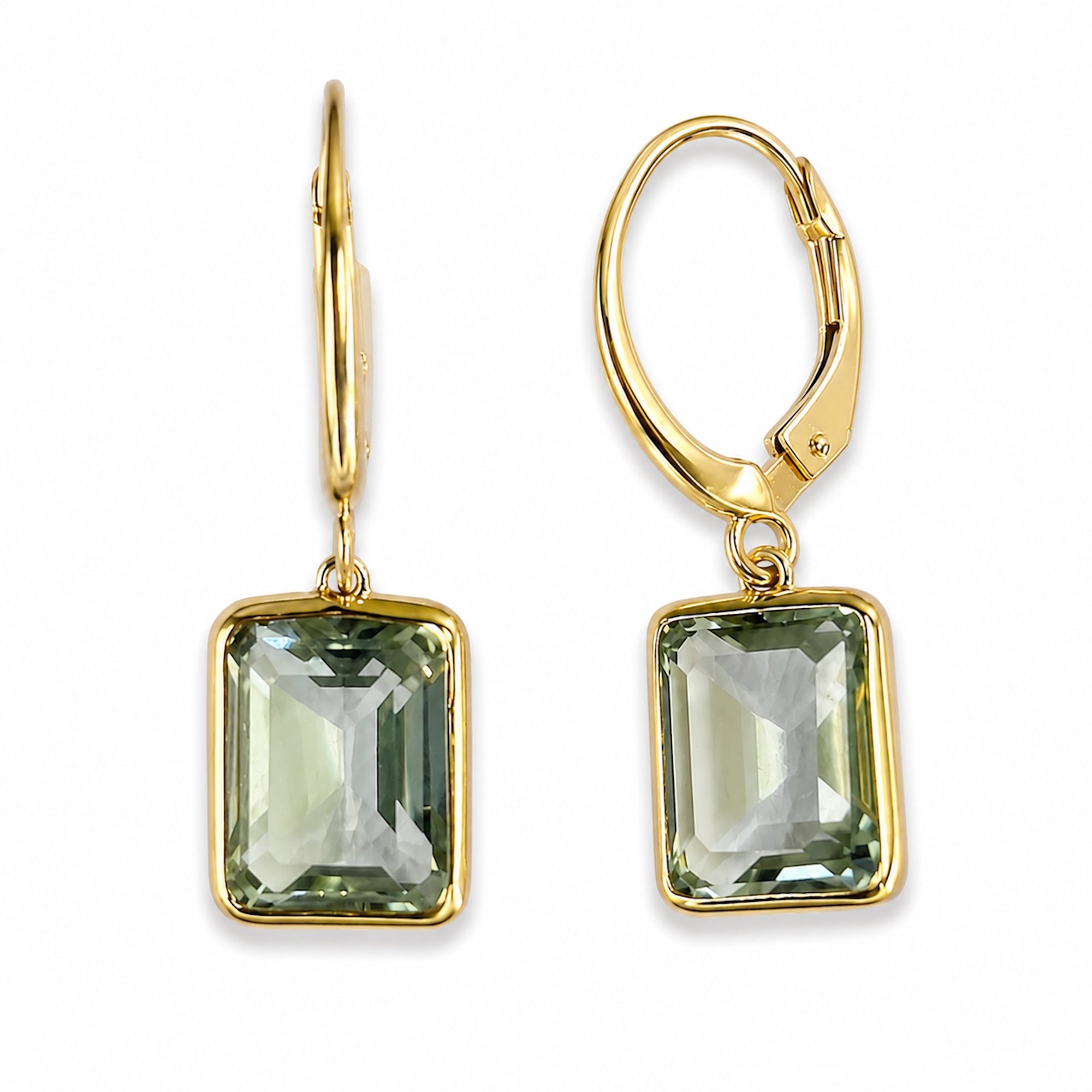 14k Green Amethyst Emerald Cut Round Leverback Earring