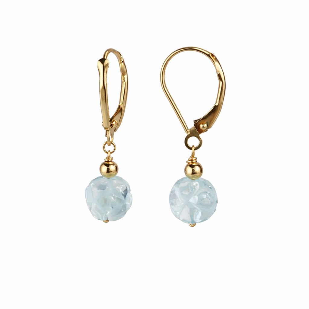 14k Blue Topaz Carved Round with Gold Ball Leverback Earring