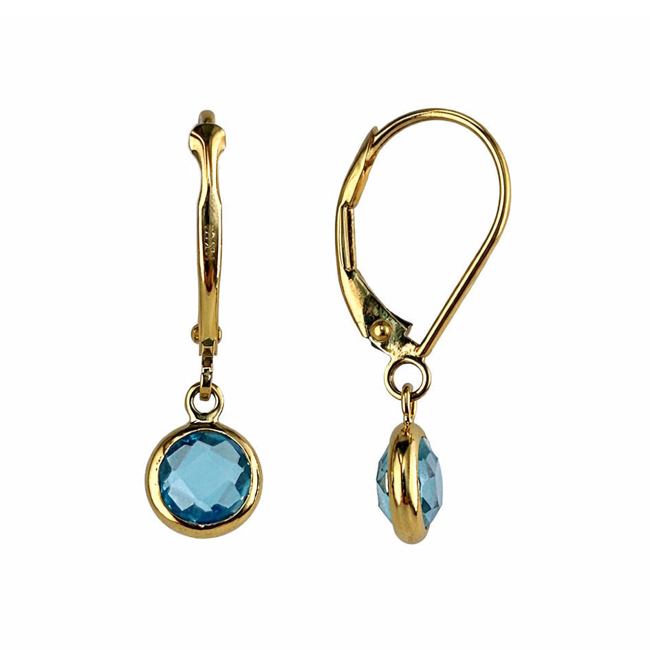 14k Swiss Blue Topaz Round Bezel Leverback Earring