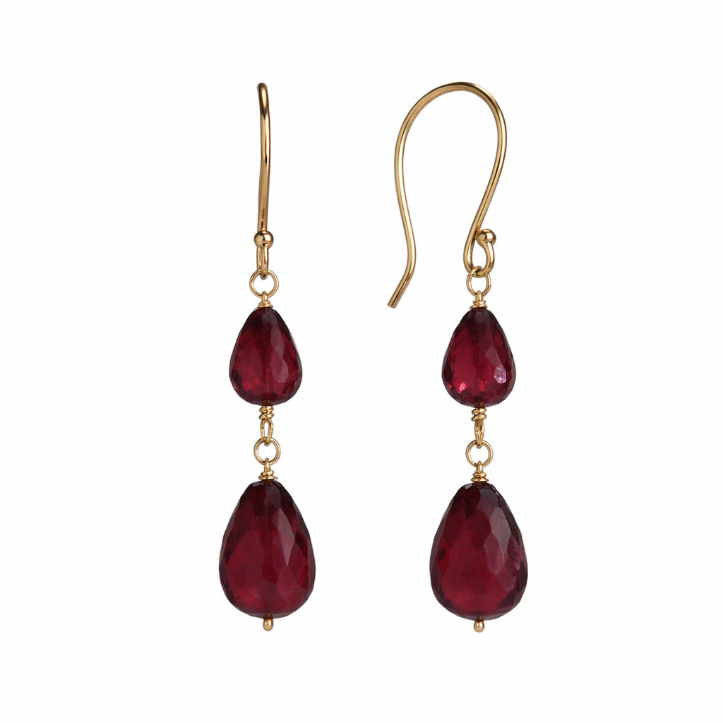 14k Garnet Double Drop Dangle Hook Earring