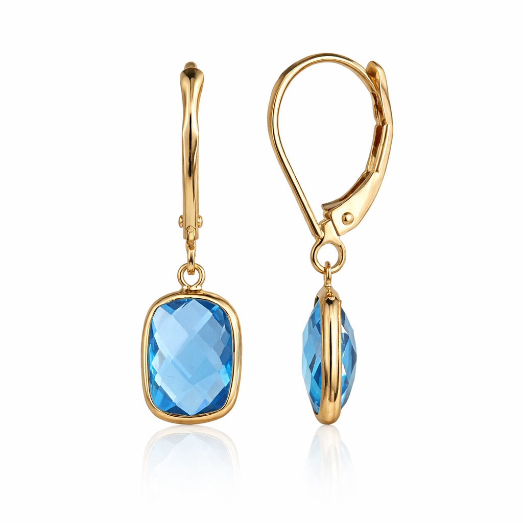 14k Swiss Blue Topaz Cushion Leverback Earring