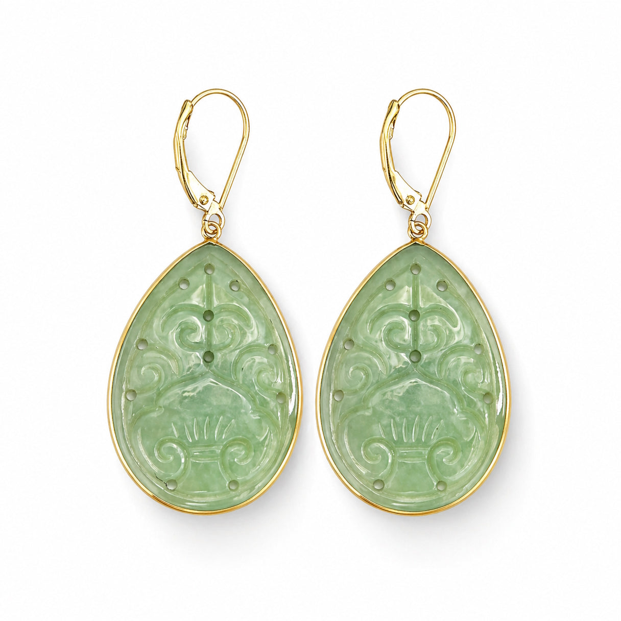 14k Natural Jade Carved Pear Shape Leverback Earring