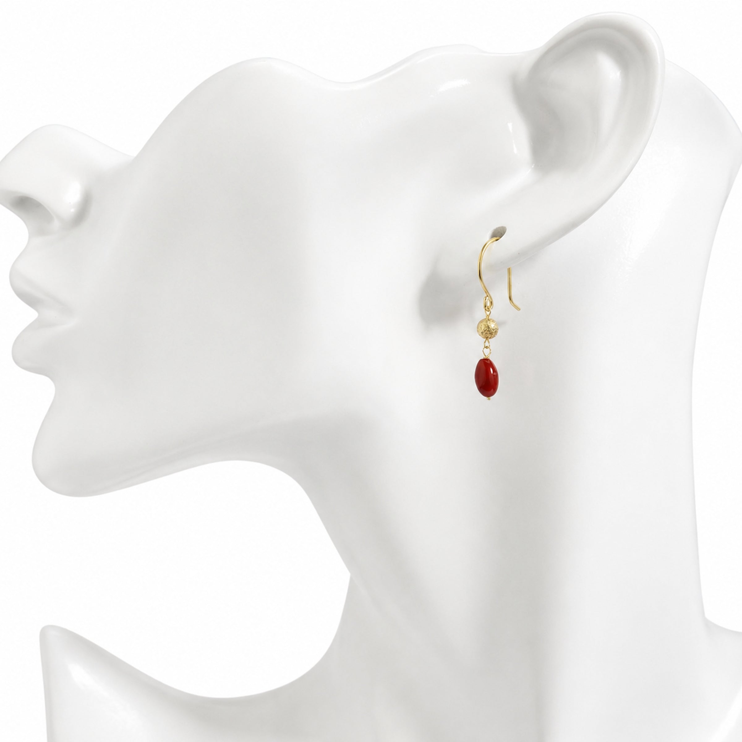 14k Dyed Red Coral Gold Ball Hook Earring