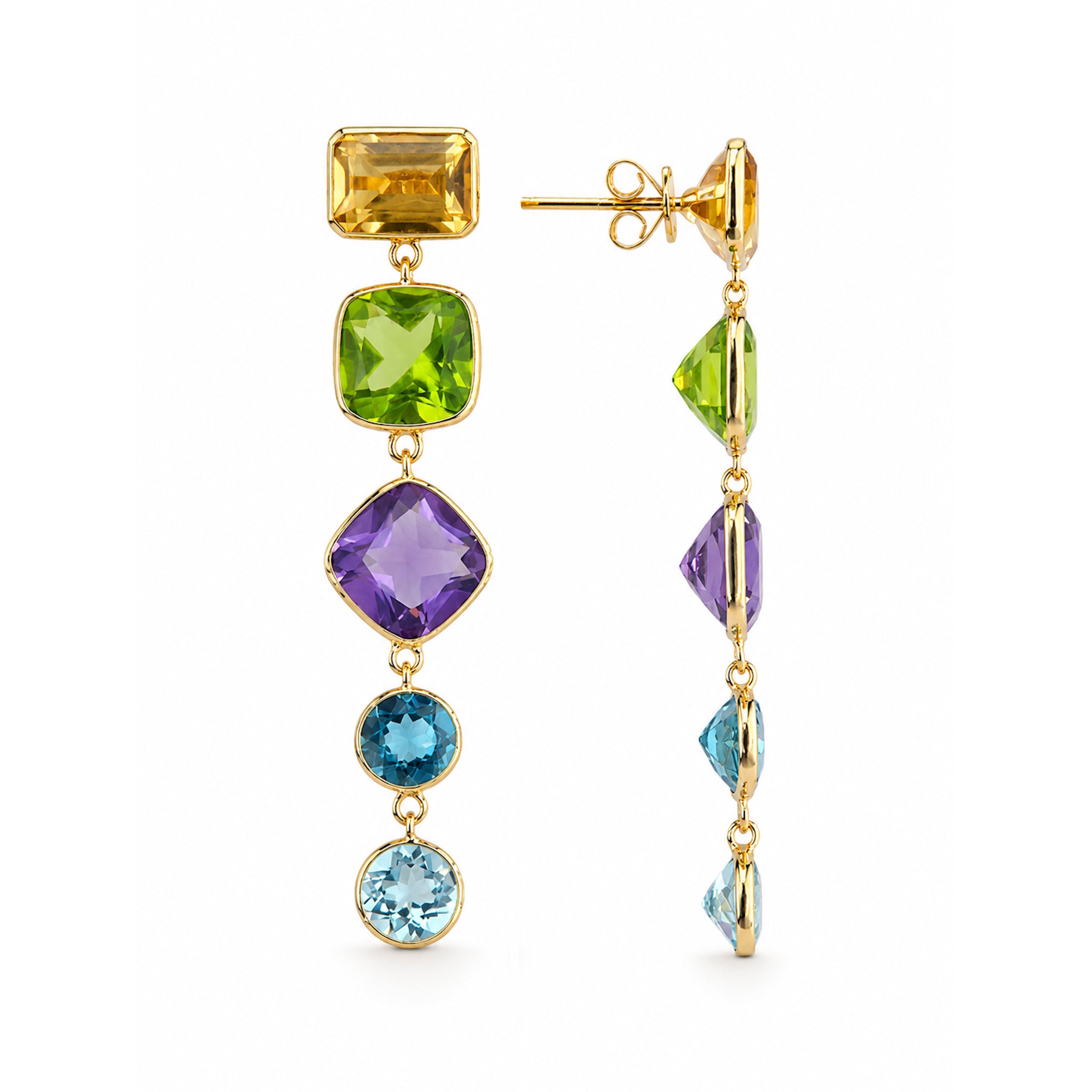 14k Multi Stone Mix Shapes Bezel Dangle Earring