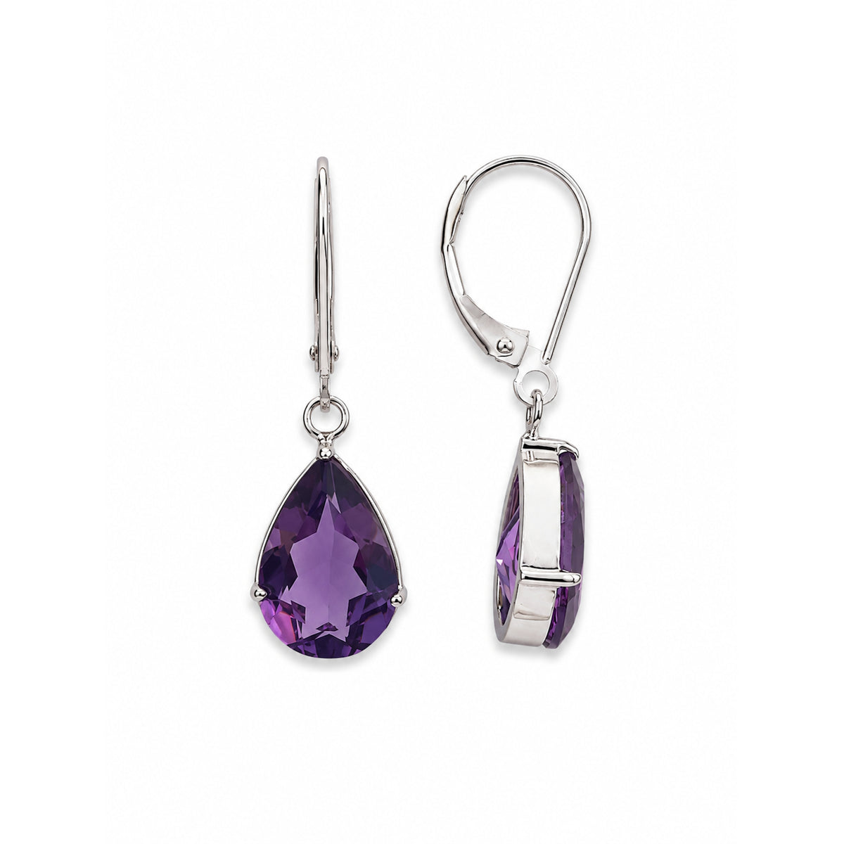 14k White Gold African Amethyst Pear Leverback Earring