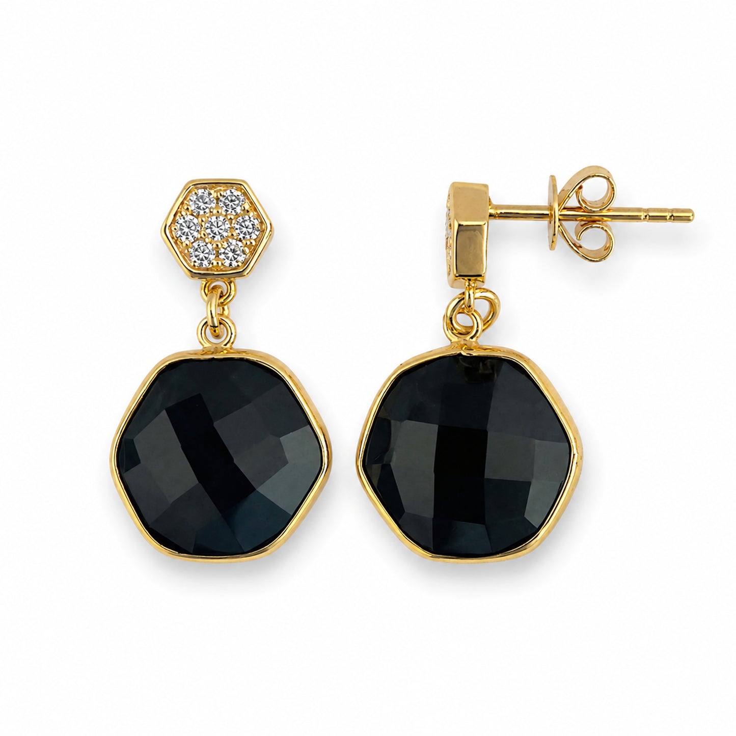 14k Black Onyx Diamond Hexagon Top Post Earring