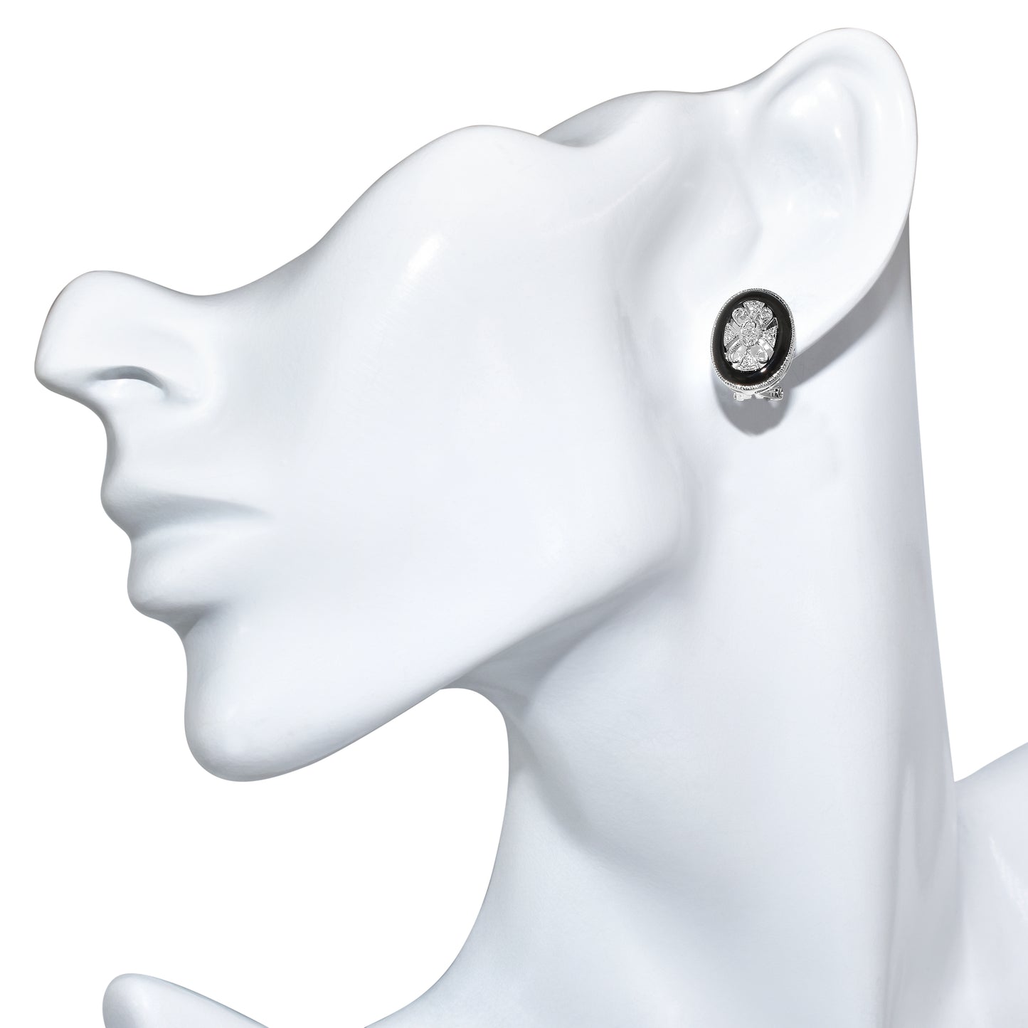 18k White Gold Onyx Diamond Ear Clips with Post