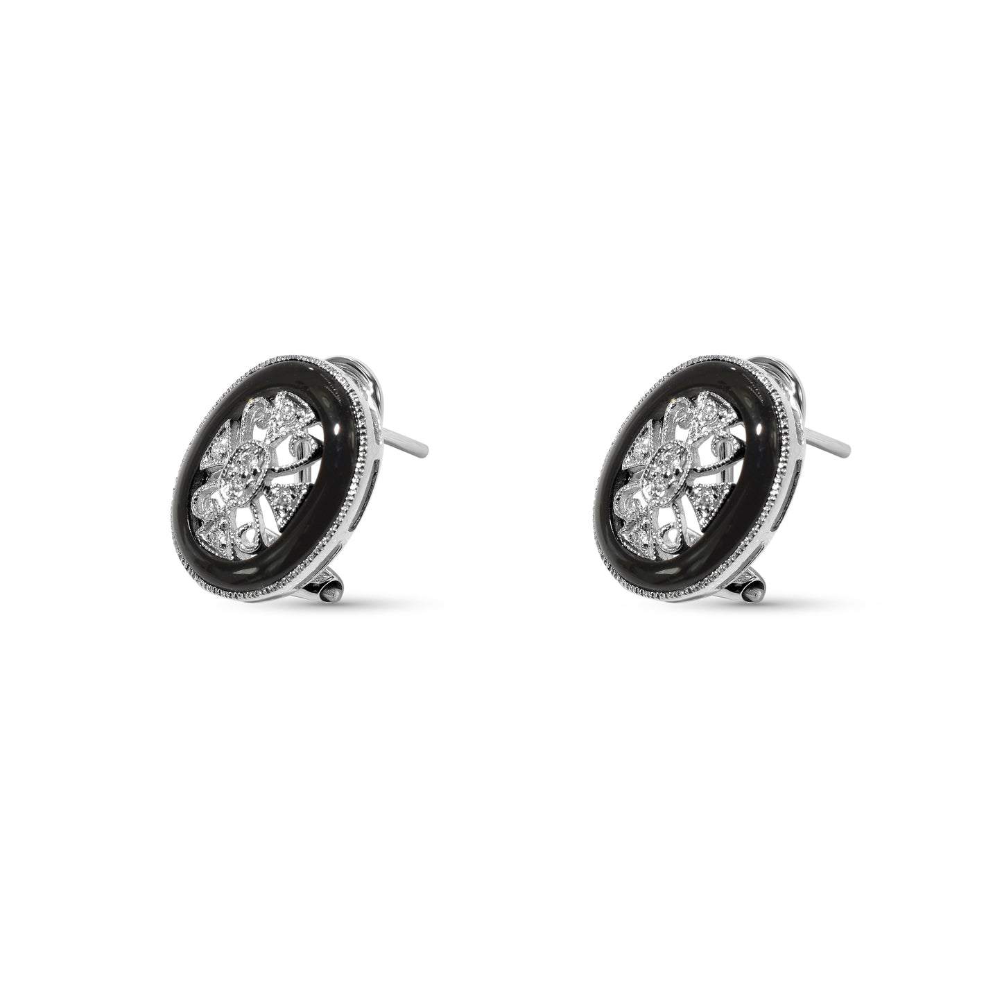 18k White Gold Onyx Diamond Ear Clips with Post