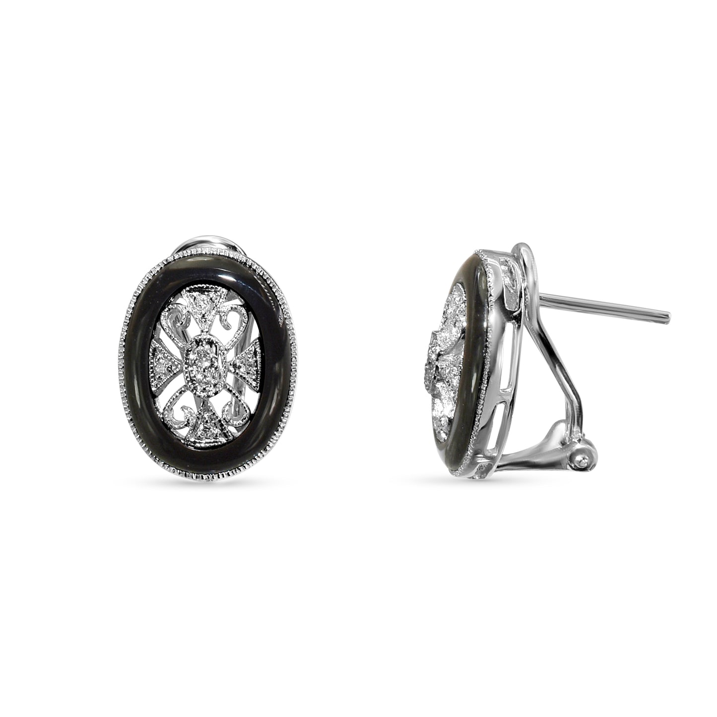 18k White Gold Onyx Diamond Ear Clips with Post