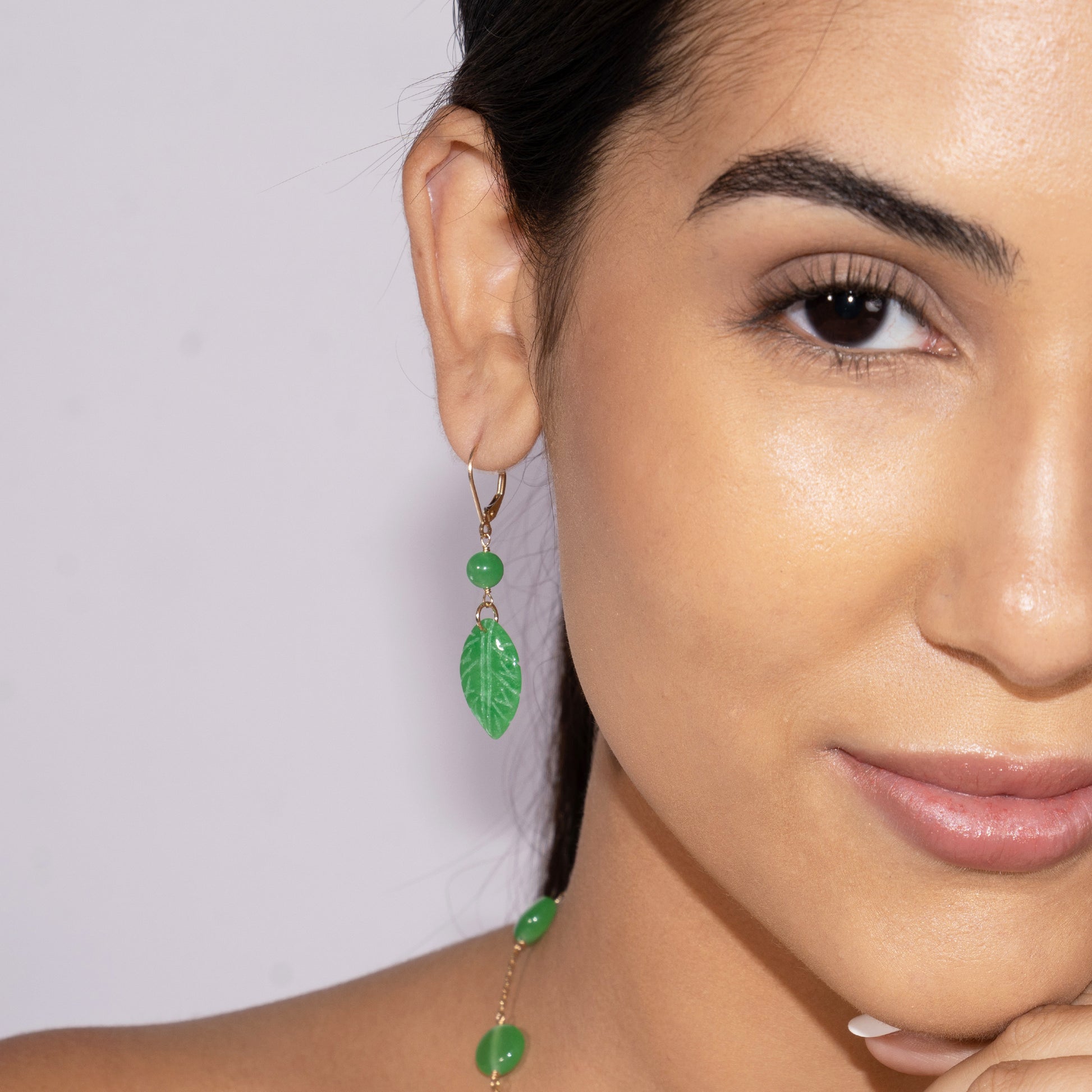 14k Green Jade Leaf Leverback Drop Earring