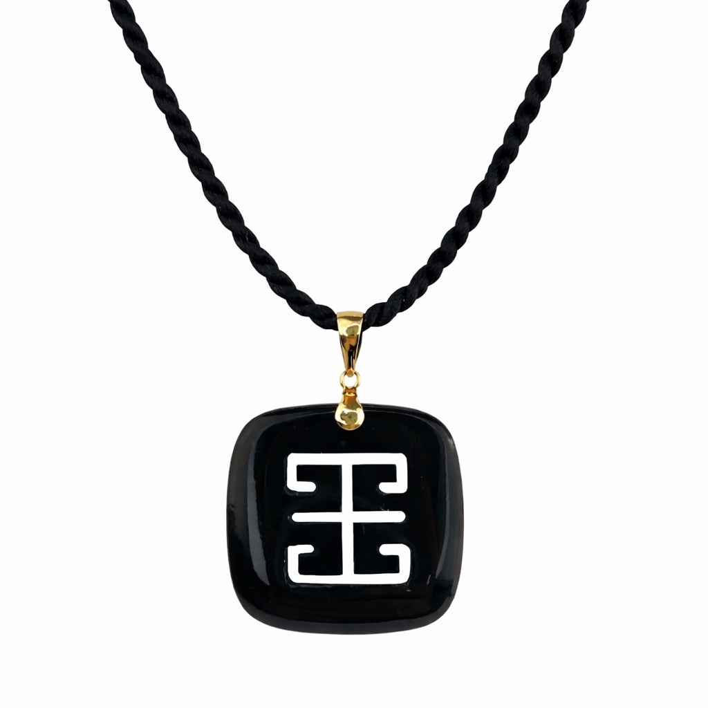 14k Carved Black Jade Longevity Pendant Necklace