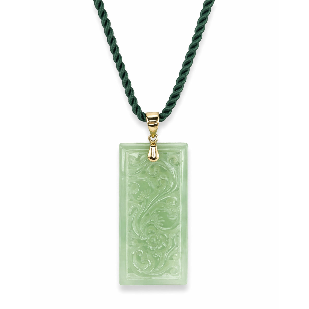 14k Jade Rectangle Dragon Pattern Pendant Necklace