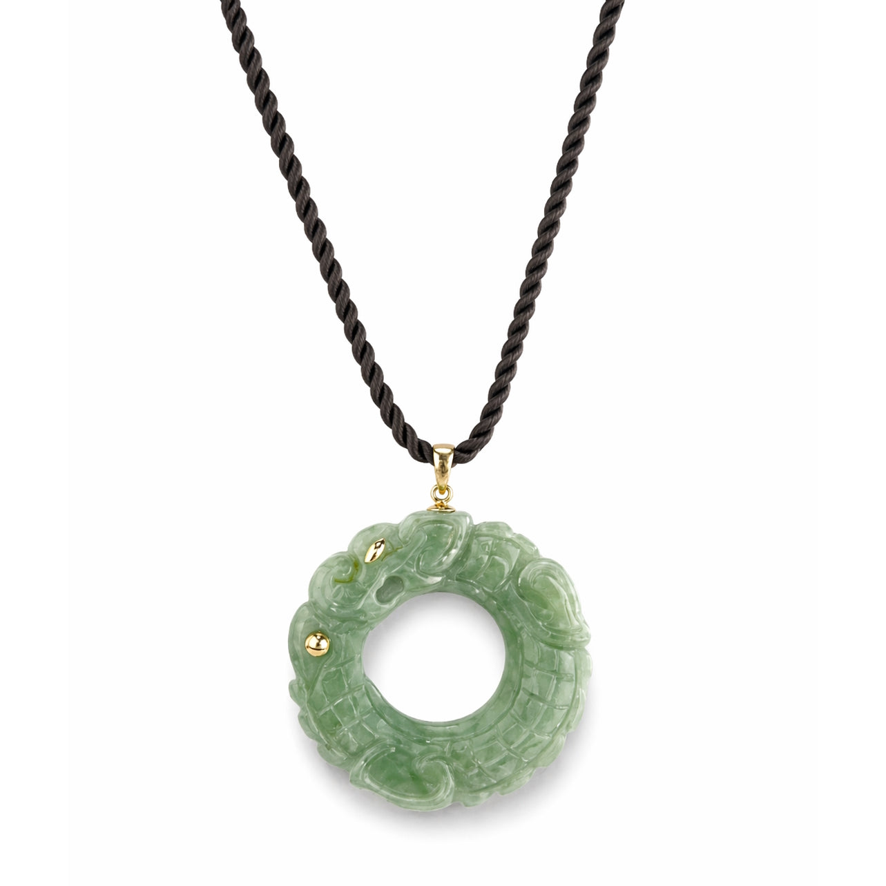 14k Good Luck Jade Dragon Round Pendant on Cord
