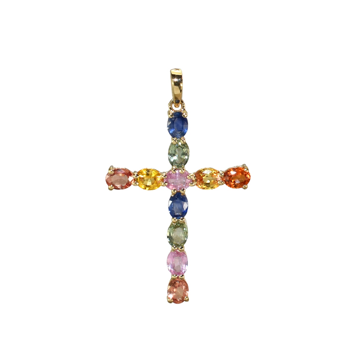 14k Cross Pendant with 11 Prong-Set Gemstones