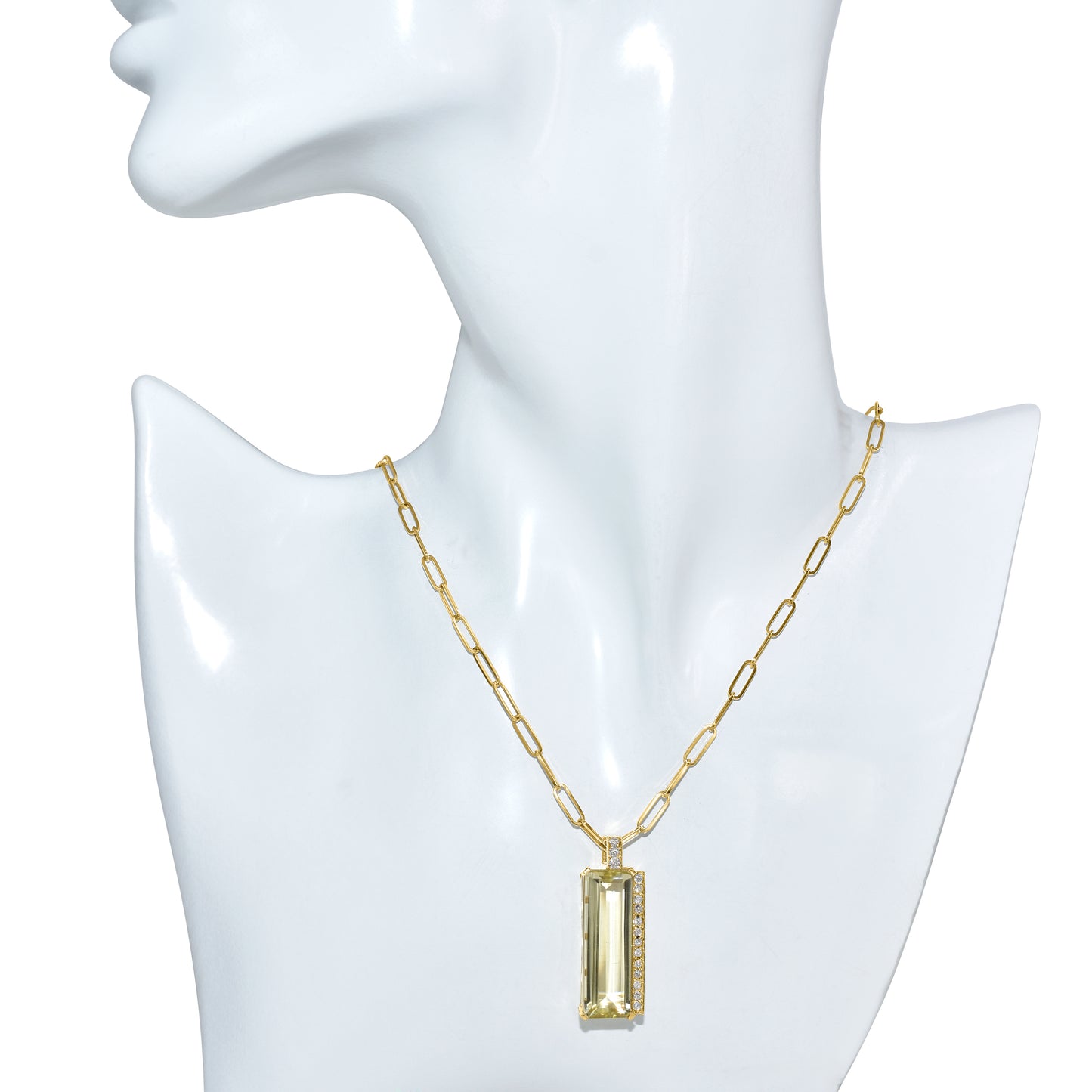 14k Lemon Quartz Diamond Emerald Cut Pendant Necklace